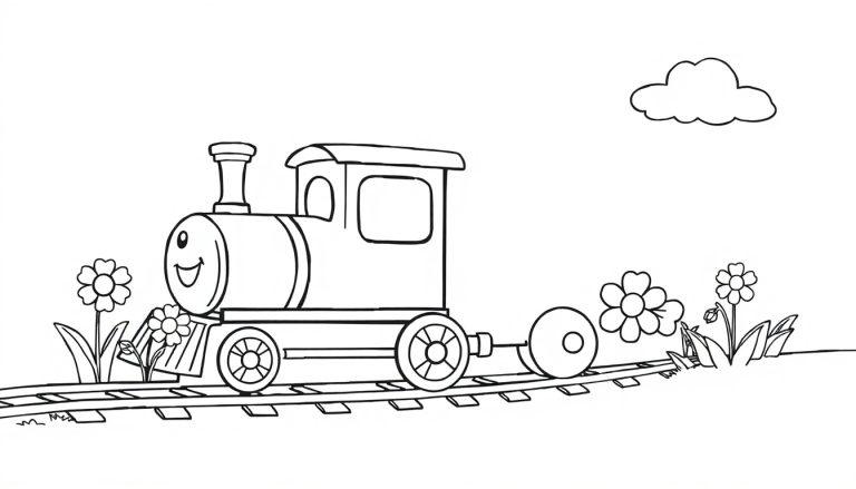 Eine Schwarz-Weiß-Farbtafel eines lächelnden Cartoon-Zuges, der auf Schienen fährt, mit Blumen und einer Wolke.