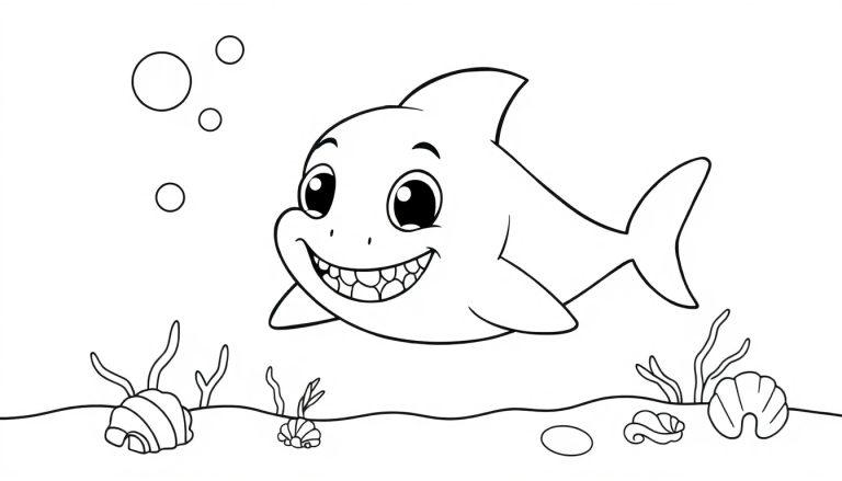 Eine niedliche Cartoon-Farbtafel eines freundlichen Hais mit einem breiten Lächeln, der im Meer schwimmt, mit Blasen, Seegras und Muscheln im Hintergrund.