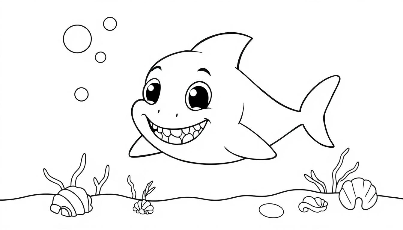Eine niedliche Cartoon-Farbtafel eines freundlichen Hais mit einem breiten Lächeln, der im Meer schwimmt, mit Blasen, Seegras und Muscheln im Hintergrund.