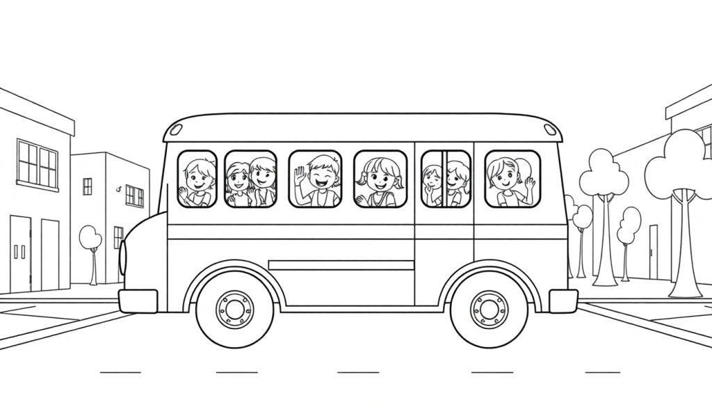Schwarz-weißer Cartoon-Schulbus mit winkenden Kindern, bereit zum Ausmalen als Farbtafel.