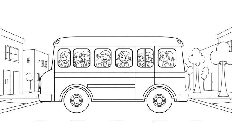 Schwarz-weißer Cartoon-Schulbus mit winkenden Kindern, bereit zum Ausmalen als Farbtafel.