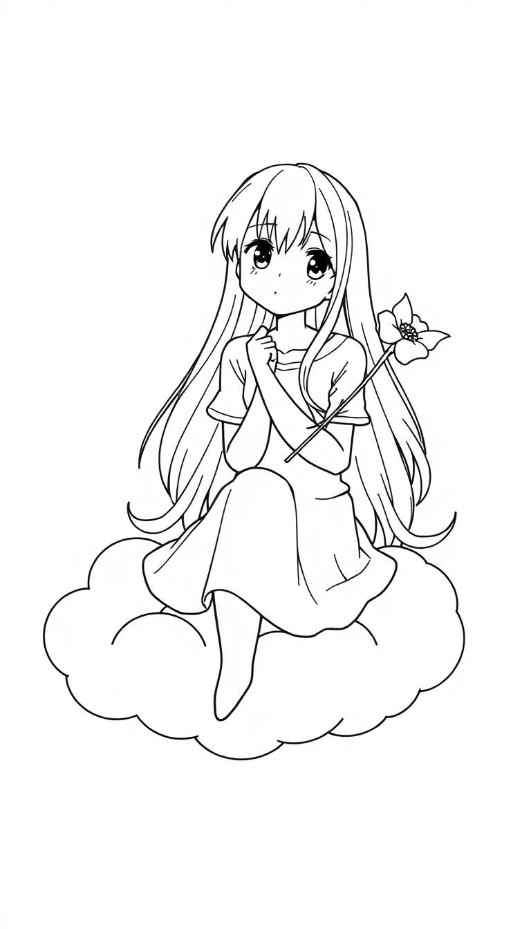 Manga-Mädchen auf einer Wolke mit einer Blume