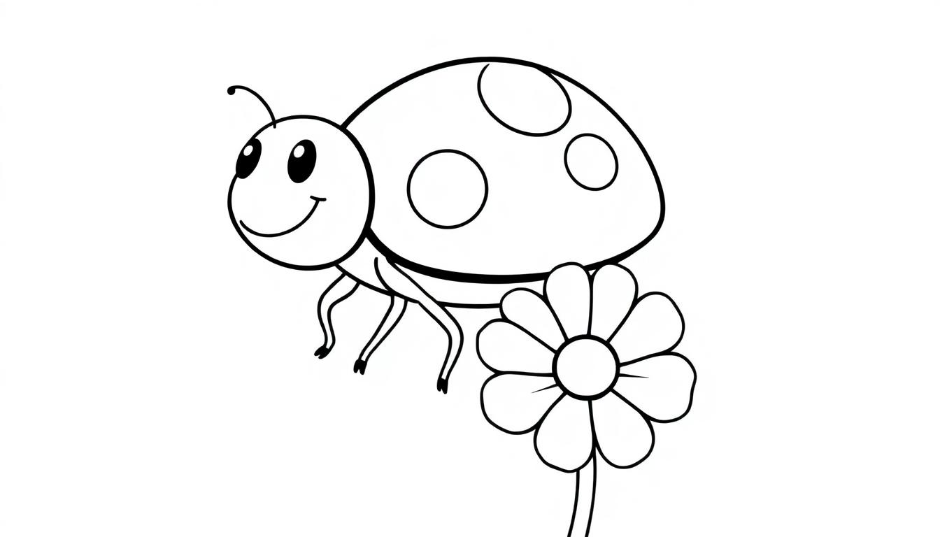 Schwarz-Weiß-Farbtafel eines lächelnden Marienkäfers auf einer Blume.