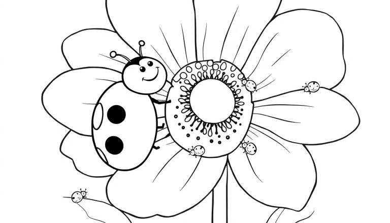 Schwarz-weiß-Farbtafel: Ein Marienkäfer krabbelt auf einer großen Blume.