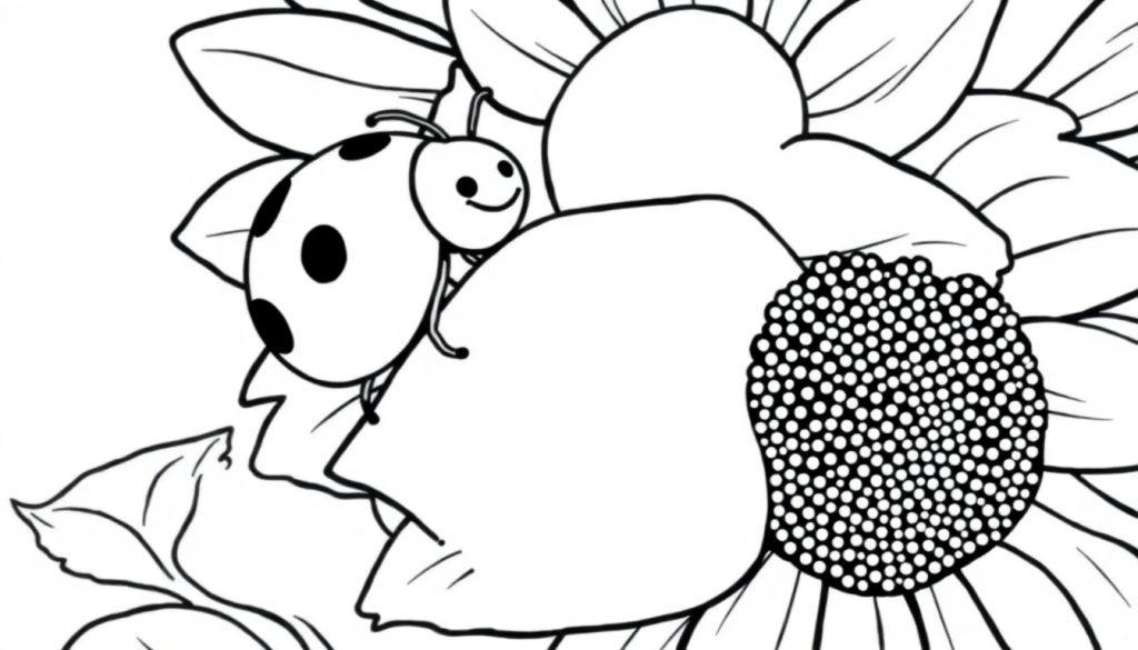 Schwarz-Weiß-Farbtafel eines Marienkäfers auf einer Sonnenblume, bereit zum Ausmalen.
