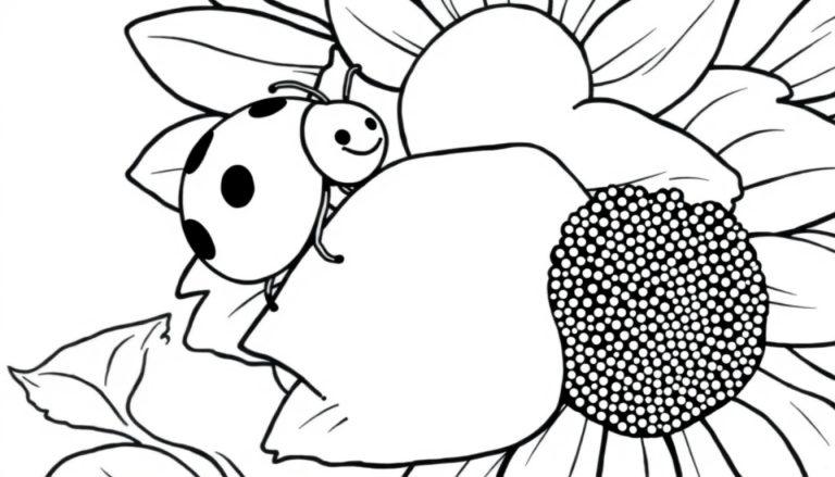 Schwarz-Weiß-Farbtafel eines Marienkäfers auf einer Sonnenblume, bereit zum Ausmalen.