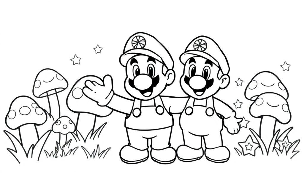 Mario und Luigi stehen Arm in Arm vor einer Farbtafel-Landschaft mit Pilzen und Sternen.
