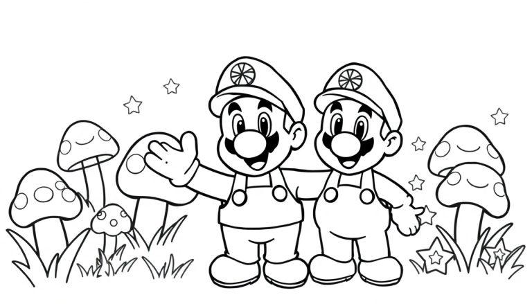 Mario und Luigi stehen Arm in Arm vor einer Farbtafel-Landschaft mit Pilzen und Sternen.