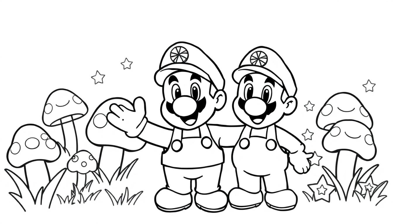 Mario und Luigi stehen Arm in Arm vor einer Farbtafel-Landschaft mit Pilzen und Sternen.