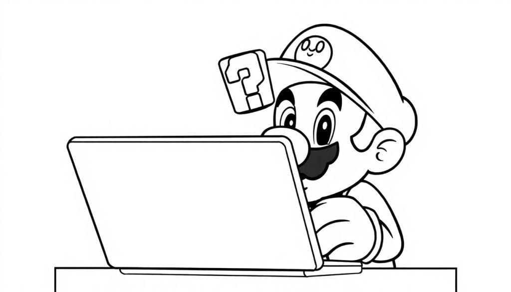 Super Mario schaut auf einen Laptop, trägt seine ikonische Mütze mit einem Fragezeichen und hat einen großen Schnurrbart.