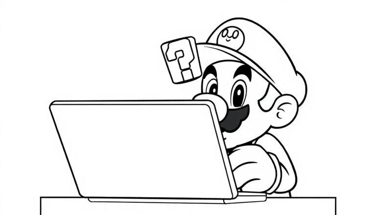Super Mario schaut auf einen Laptop, trägt seine ikonische Mütze mit einem Fragezeichen und hat einen großen Schnurrbart.