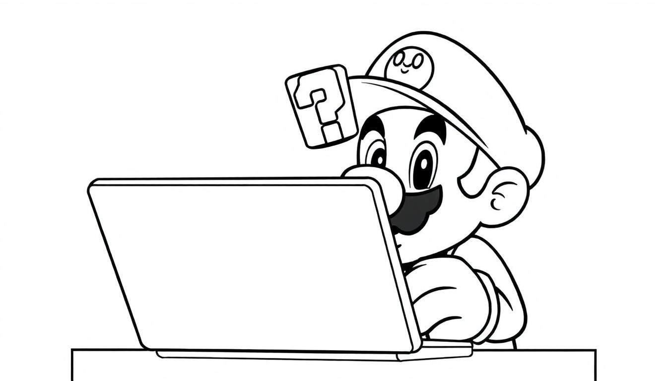 Super Mario schaut auf einen Laptop, trägt seine ikonische Mütze mit einem Fragezeichen und hat einen großen Schnurrbart.