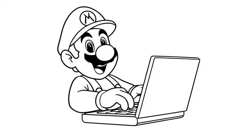 Mario tippt konzentriert auf einem Laptop, eine Baseballmütze mit 'M' auf dem Kopf.