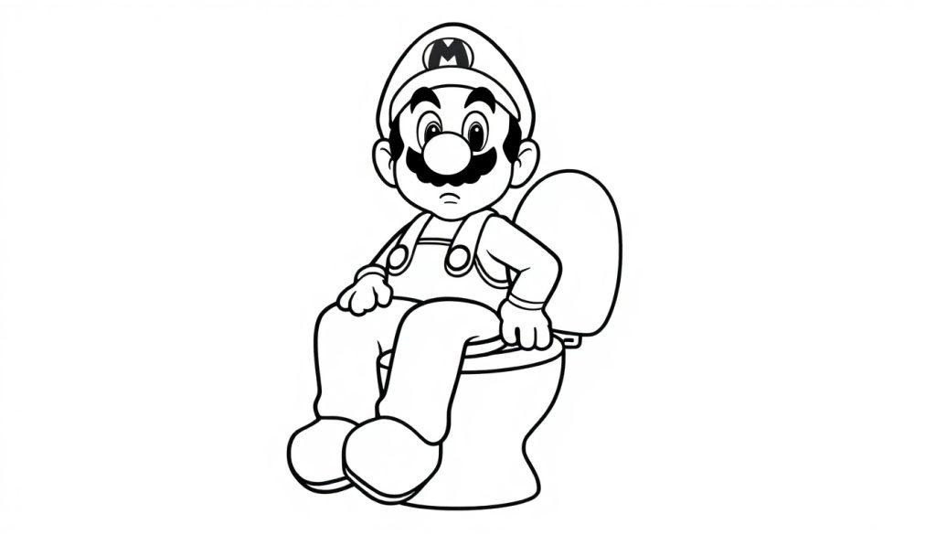 Mario sitzt nachdenklich auf einer Toilette