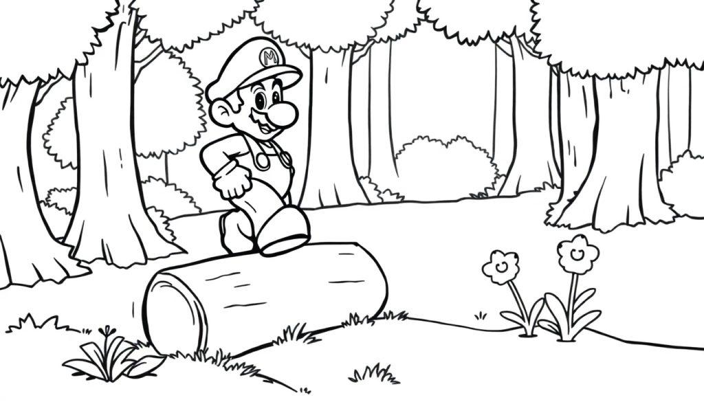 Mario balanciert auf einem Baumstamm im Wald.