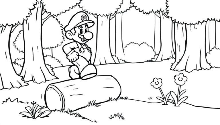 Mario balanciert auf einem Baumstamm im Wald.