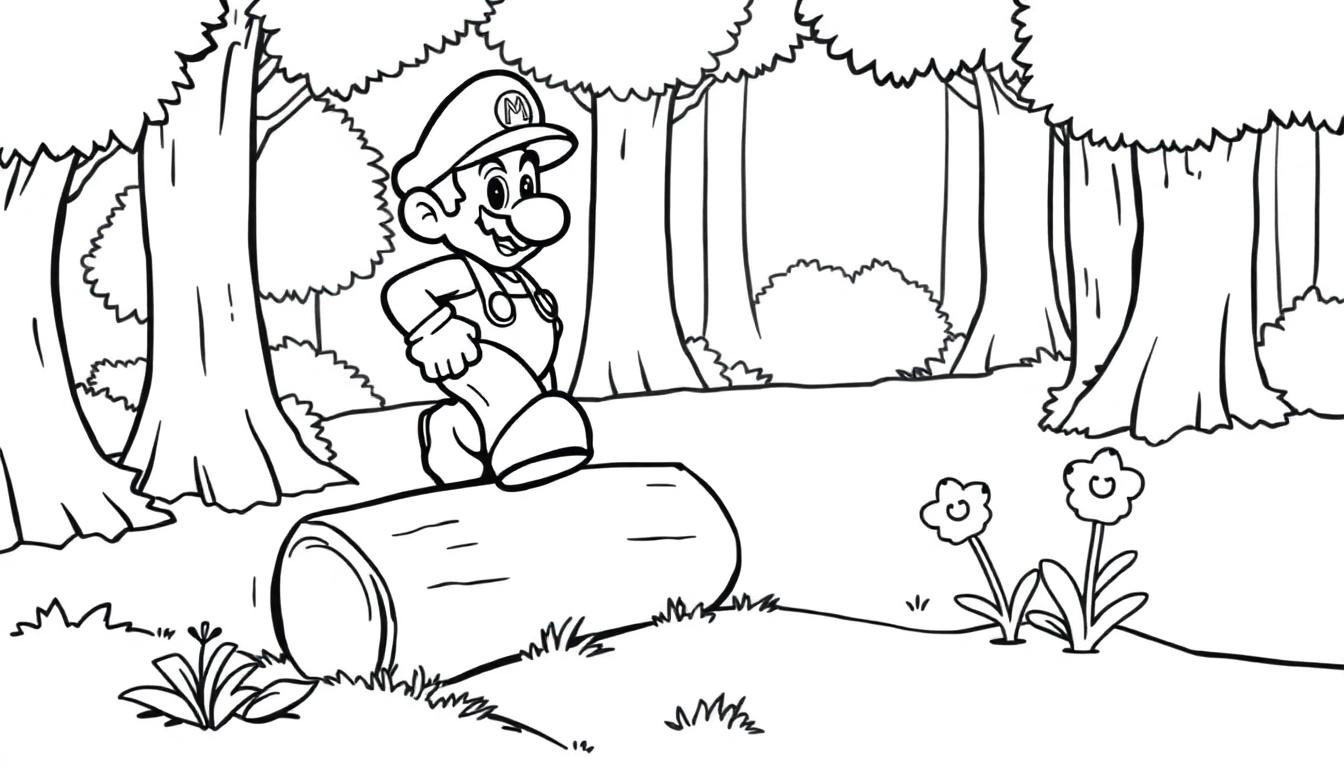 Mario balanciert auf einem Baumstamm im Wald.