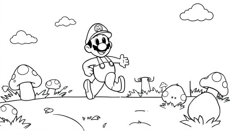 Eine Schwarz-weiß-Farbtafel-Strichzeichnung von Mario, der über eine Pilzlandschaft rennt.