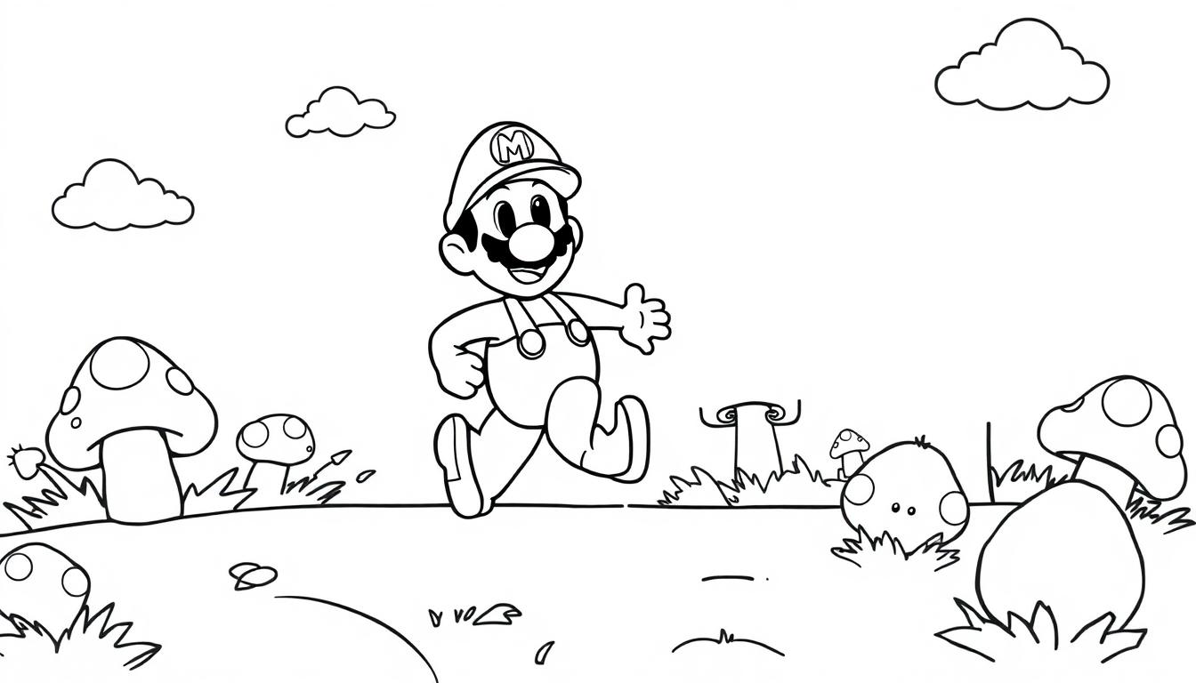 Eine Schwarz-weiß-Farbtafel-Strichzeichnung von Mario, der über eine Pilzlandschaft rennt.