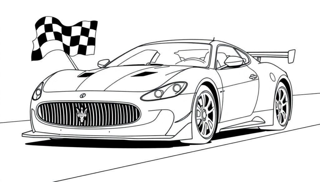 Eine schwarz-weiße Farbtafel eines stilisierten Maserati-Rennwagens auf einer Straße mit einer Zielflagge.