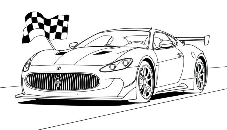 Eine schwarz-weiße Farbtafel eines stilisierten Maserati-Rennwagens auf einer Straße mit einer Zielflagge.