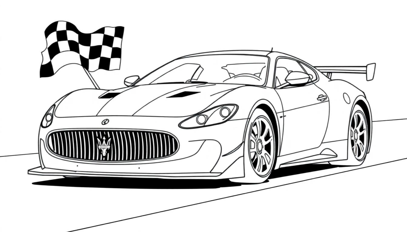 Eine schwarz-weiße Farbtafel eines stilisierten Maserati-Rennwagens auf einer Straße mit einer Zielflagge.