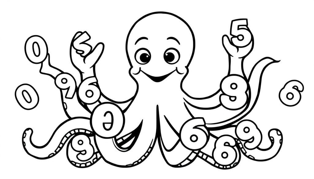 Ein Schwarzweiß-Ausmalbild eines freundlichen Cartoon-Oktopus mit Zahlen, der zur Farbtafel einlädt.