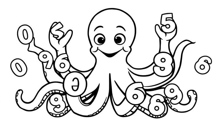 Ein Schwarzweiß-Ausmalbild eines freundlichen Cartoon-Oktopus mit Zahlen, der zur Farbtafel einlädt.