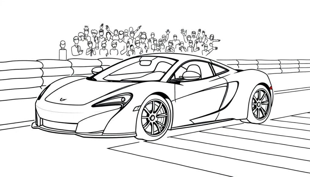 Eine Schwarz-Weiß-Farbtafel eines McLaren-Sportwagens auf einer Rennstrecke.