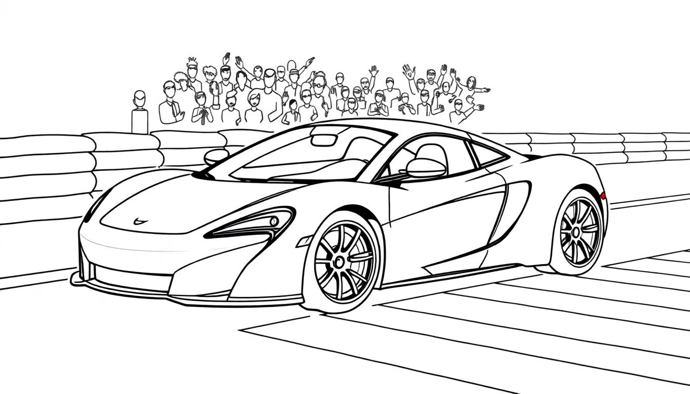 Eine Schwarz-Weiß-Farbtafel eines McLaren-Sportwagens auf einer Rennstrecke.