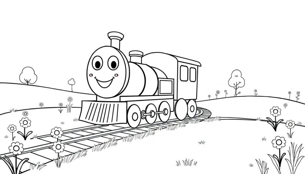 Schwarz-Weiß-Farbtafel-Zeichnung einer lächelnden Dampflokomotive, die durch eine Landschaft mit Blumen und Bäumen fährt.