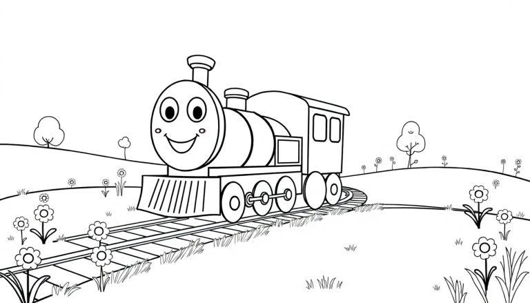 Schwarz-Weiß-Farbtafel-Zeichnung einer lächelnden Dampflokomotive, die durch eine Landschaft mit Blumen und Bäumen fährt.