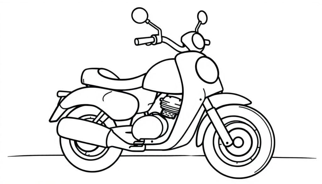Eine Schwarz-Weiß-Farbtafel-Zeichnung eines klassischen Motorrads mit runden Formen und gut definierten Umrissen.