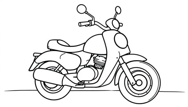 Eine Schwarz-Weiß-Farbtafel-Zeichnung eines klassischen Motorrads mit runden Formen und gut definierten Umrissen.