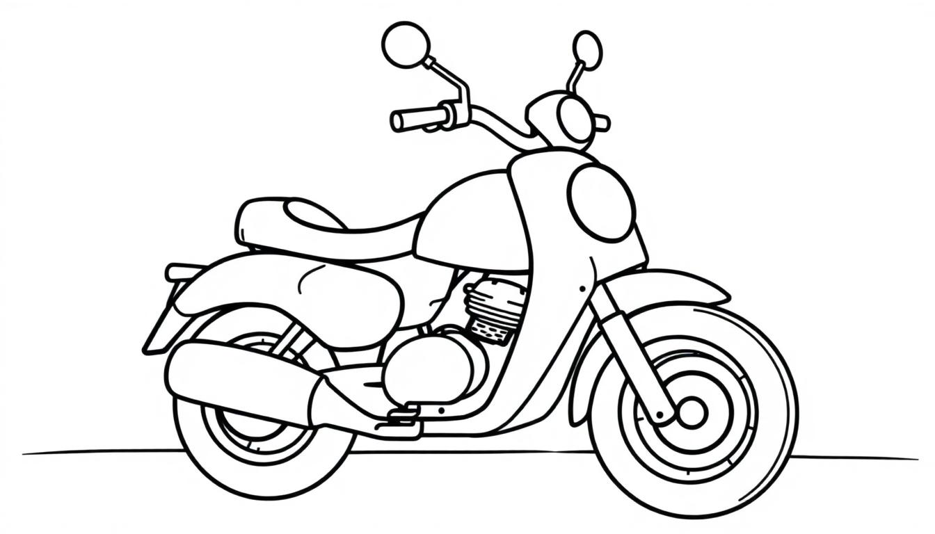 Eine Schwarz-Weiß-Farbtafel-Zeichnung eines klassischen Motorrads mit runden Formen und gut definierten Umrissen.