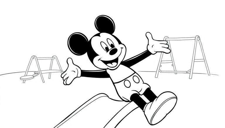Schwarz-weiße Farbtafel von Mickey Mouse auf einer Rutsche im Park.