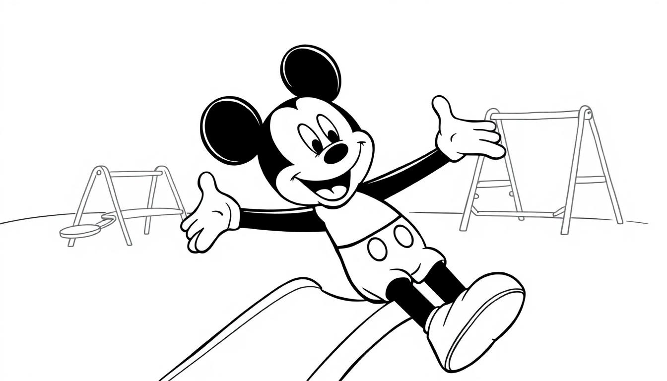 Schwarz-weiße Farbtafel von Mickey Mouse auf einer Rutsche im Park.