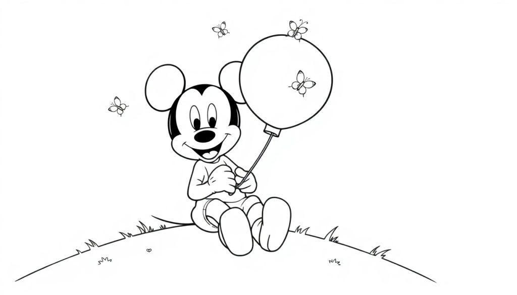 Eine Schwarzweiß-Farbtafel von Mickey Mouse, die auf einer grünen Anhöhe sitzt und einen Ballon mit drei Schmetterlingen hält, während zwei weitere über ihm schweben.