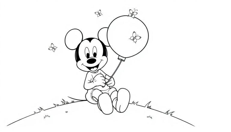 Eine Schwarzweiß-Farbtafel von Mickey Mouse, die auf einer grünen Anhöhe sitzt und einen Ballon mit drei Schmetterlingen hält, während zwei weitere über ihm schweben.