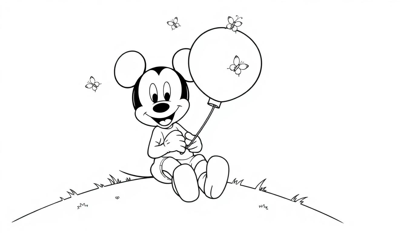 Eine Schwarzweiß-Farbtafel von Mickey Mouse, die auf einer grünen Anhöhe sitzt und einen Ballon mit drei Schmetterlingen hält, während zwei weitere über ihm schweben.