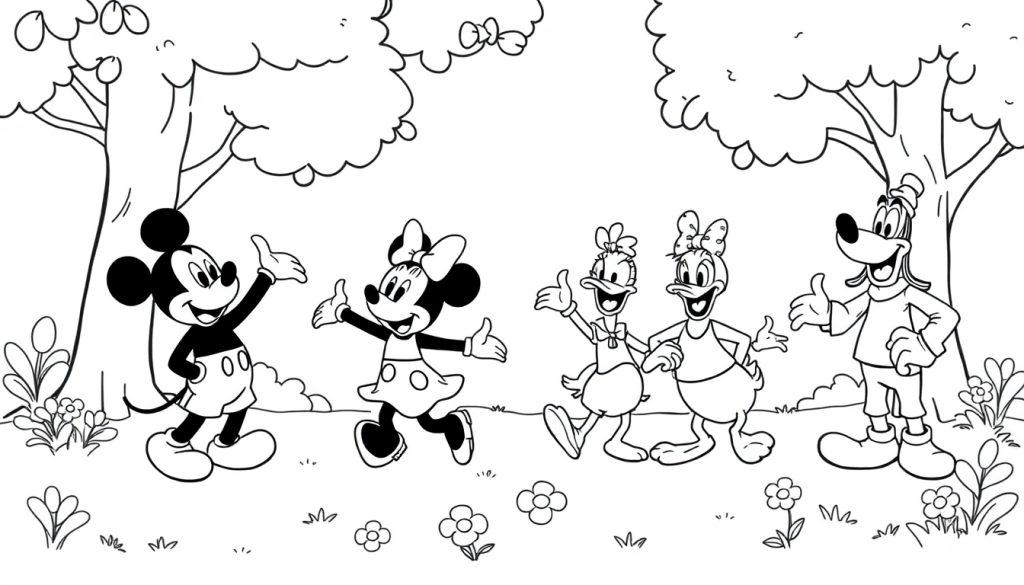 Schwarz-weiße Farbtafel: Mickey Mouse und Freunde tanzen unter Bäumen.