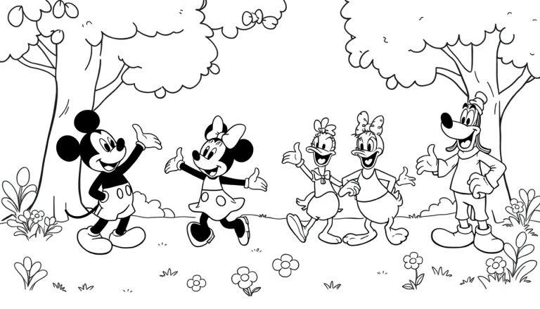 Schwarz-weiße Farbtafel: Mickey Mouse und Freunde tanzen unter Bäumen.