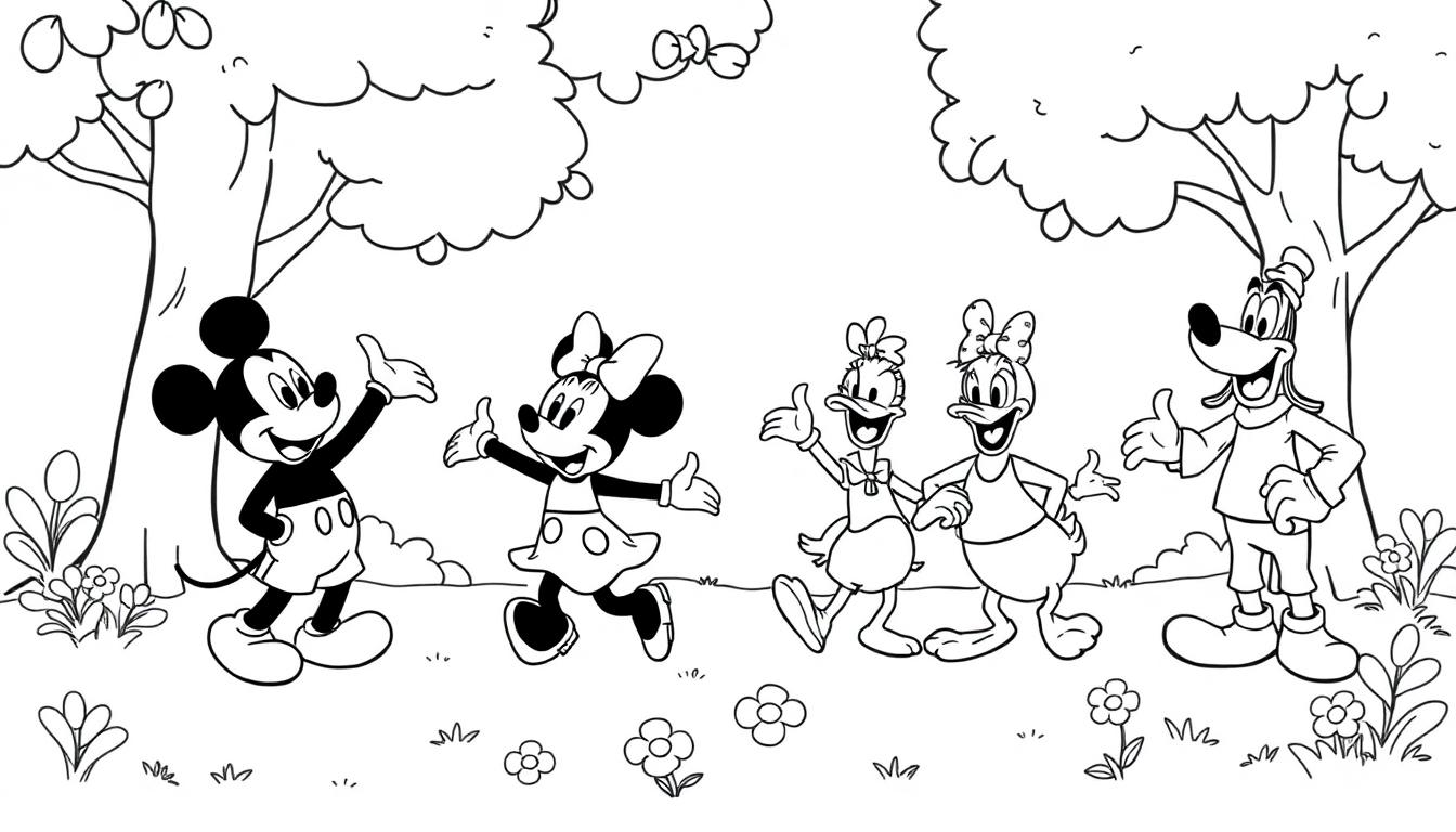 Schwarz-weiße Farbtafel: Mickey Mouse und Freunde tanzen unter Bäumen.