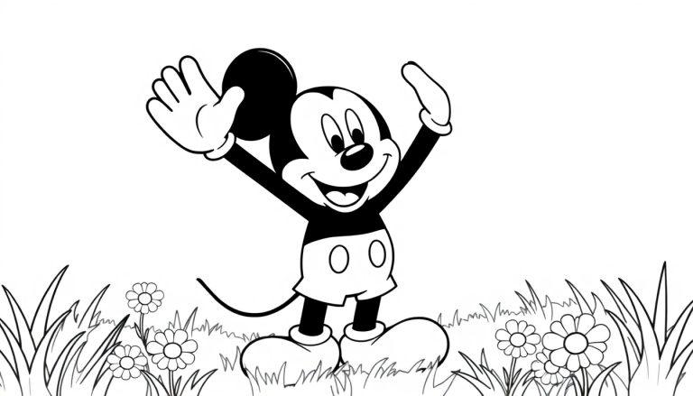 Schwarz-Weiß-Farbtafel von Micky Maus im Gras mit offenen Armen.
