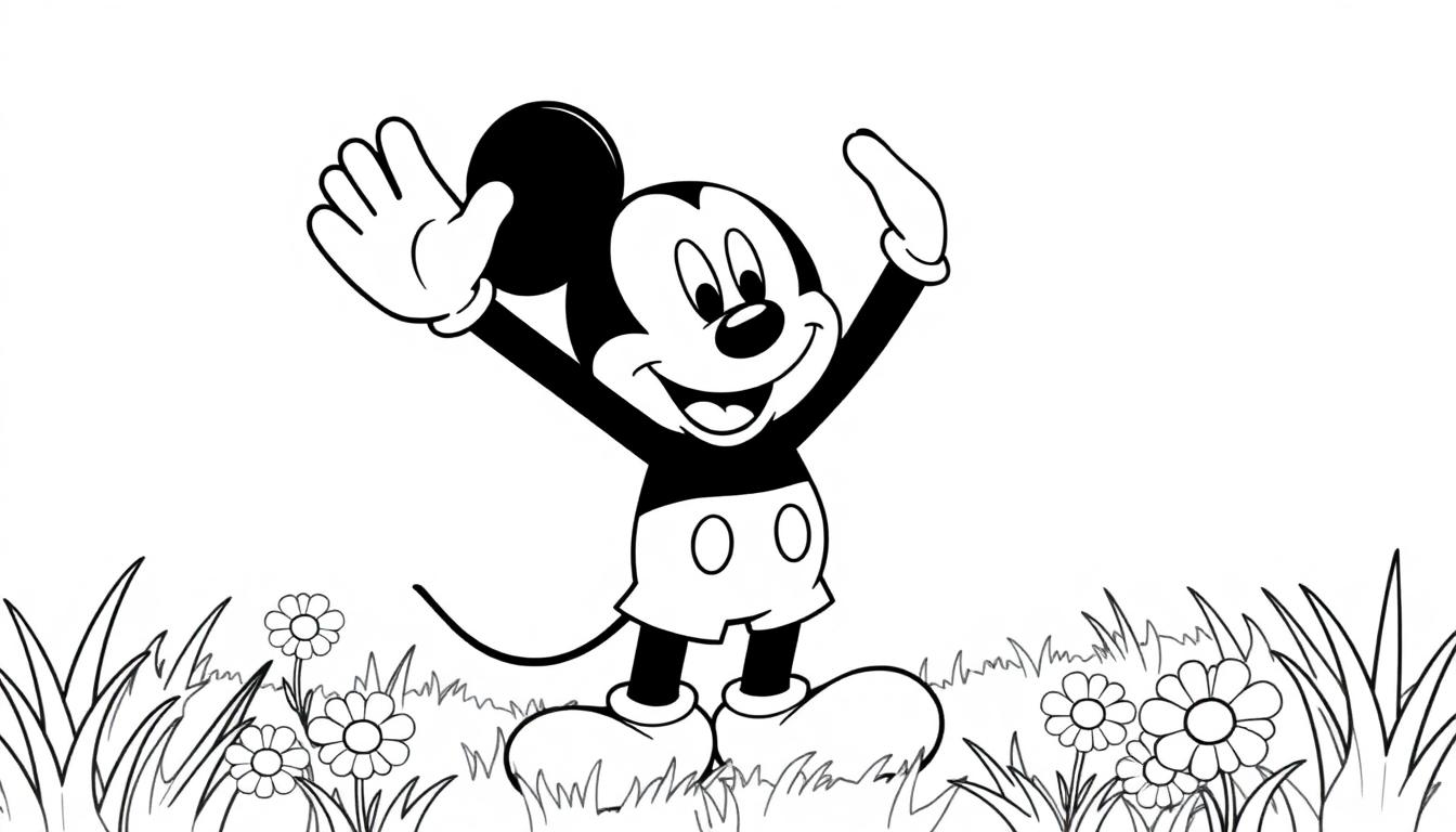 Schwarz-Weiß-Farbtafel von Micky Maus im Gras mit offenen Armen.