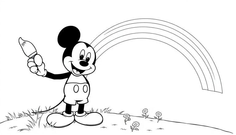 Micky Maus malt einen Regenbogen, Schwarz-Weiß-Farbtafel zum Ausmalen.