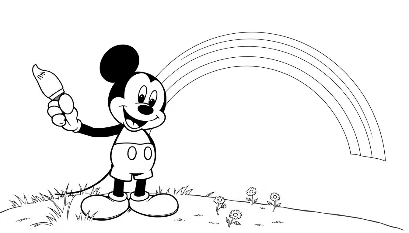 Micky Maus malt einen Regenbogen, Schwarz-Weiß-Farbtafel zum Ausmalen.
