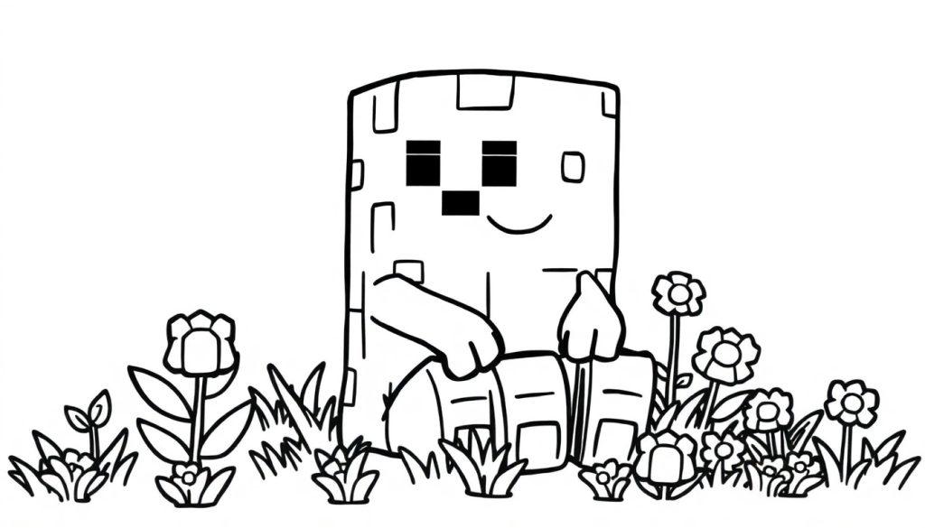 Farbtafel: Eine schwarz-weiße Strichzeichnung eines Minecraft-ähnlichen Charakters in einer blühenden Landschaft.