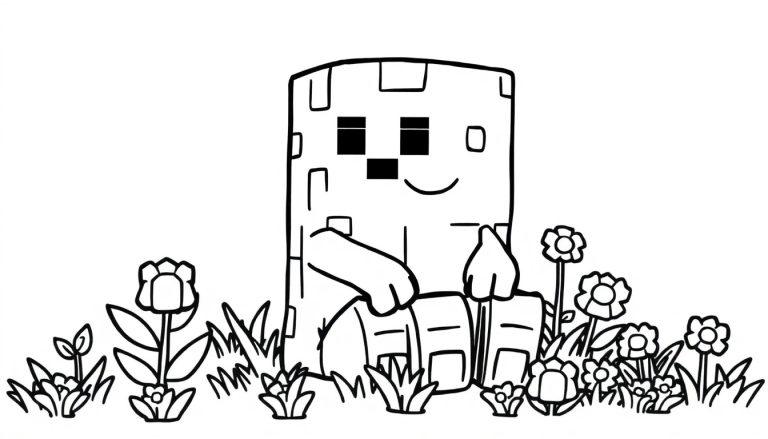 Farbtafel: Eine schwarz-weiße Strichzeichnung eines Minecraft-ähnlichen Charakters in einer blühenden Landschaft.