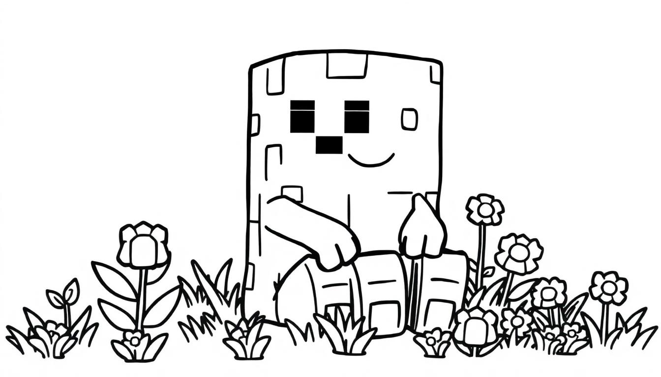 Farbtafel: Eine schwarz-weiße Strichzeichnung eines Minecraft-ähnlichen Charakters in einer blühenden Landschaft.